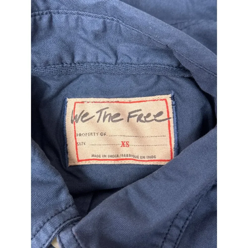 Free People Top XS Womens Blue Cotton Twill Oversize Tunic Button Shirt